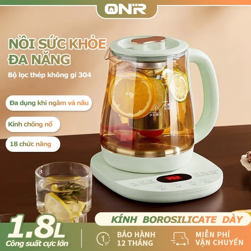 ONR-Ấm Đun Nước Điện Thủy Tinh 1.8L 800W, 18 Chức Năng, Tự Động Giữ Nhiệt