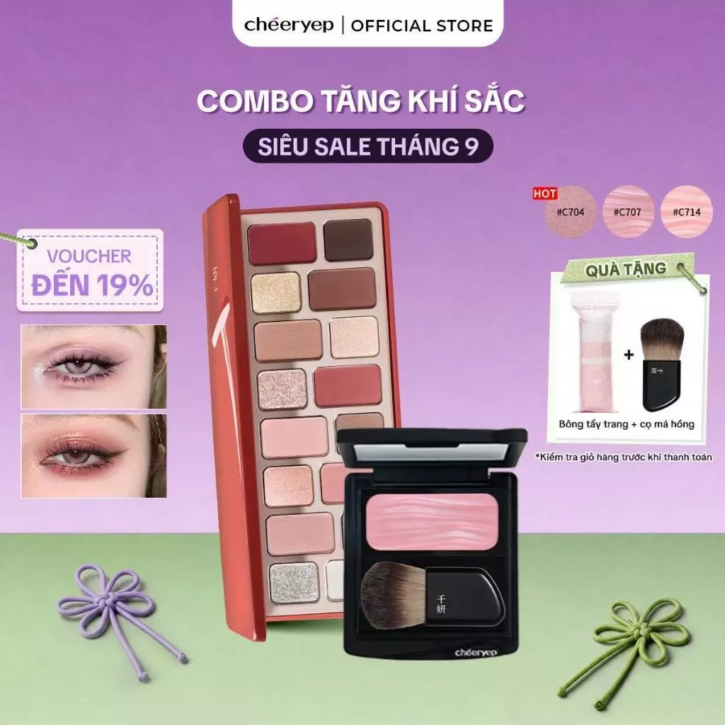 Combo Bảng Phấn Mắt Và Má Hồng Satin 3D CHEERYEP Phấn Mịn Lên Màu Chuẩn Sắc Nét Tiệp Da Tự Nhiên
