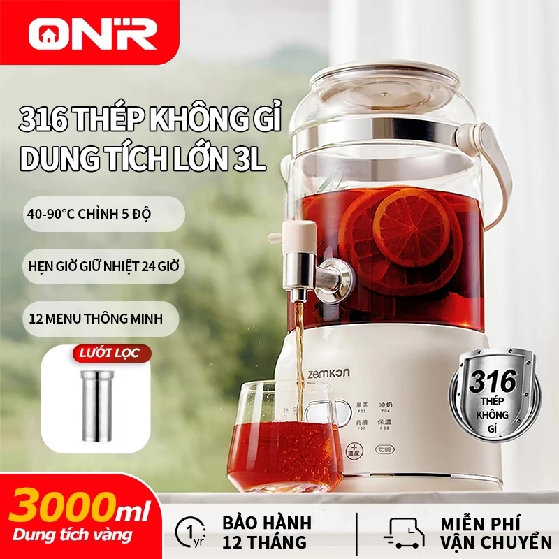 ONR-Ấm Đun Siêu Tốc 800W 3L, Giữ Nóng 24H, Ấm Đun Nước Điện Inox 316, Bình Trà, Vòi Nước Có Bộ Lọc