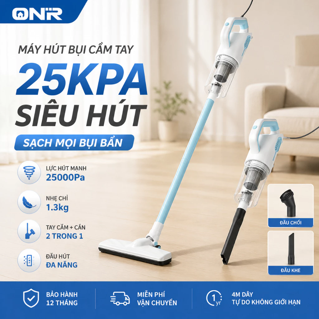 Máy Hút Bụi Gia Đình Có Dây ONR 25000Pa, Hộp Bụi 1.5L, Dây Điện 5m, 3 Đầu Hút Đa Năng