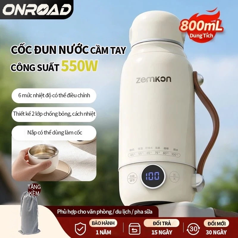 ONR-Ấm Siêu Tốc Cầm Tay 800ML, Inox 316 Bình Đun Nước, 550W Đa Năng, Màn Hình LED