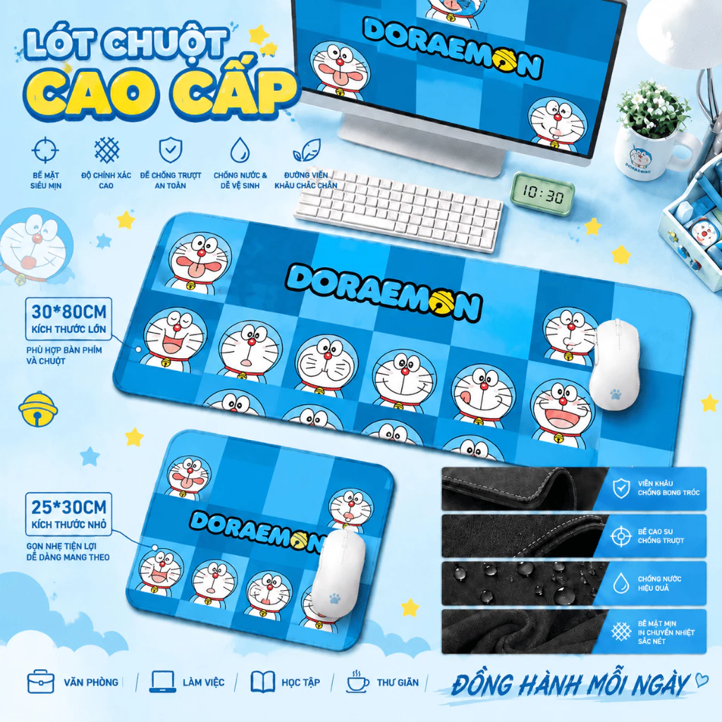 Tấm lót chuột bàn phím Doraemon dễ thương, size lớn, chống trượt, bảo vệ bàn làm việc,size 80*30 & 30*25