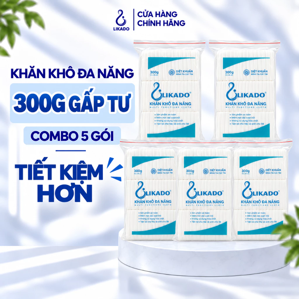 Khăn khô đa năng cho bé LIKADO 300g gấp tư / gấp đôi (5 gói)