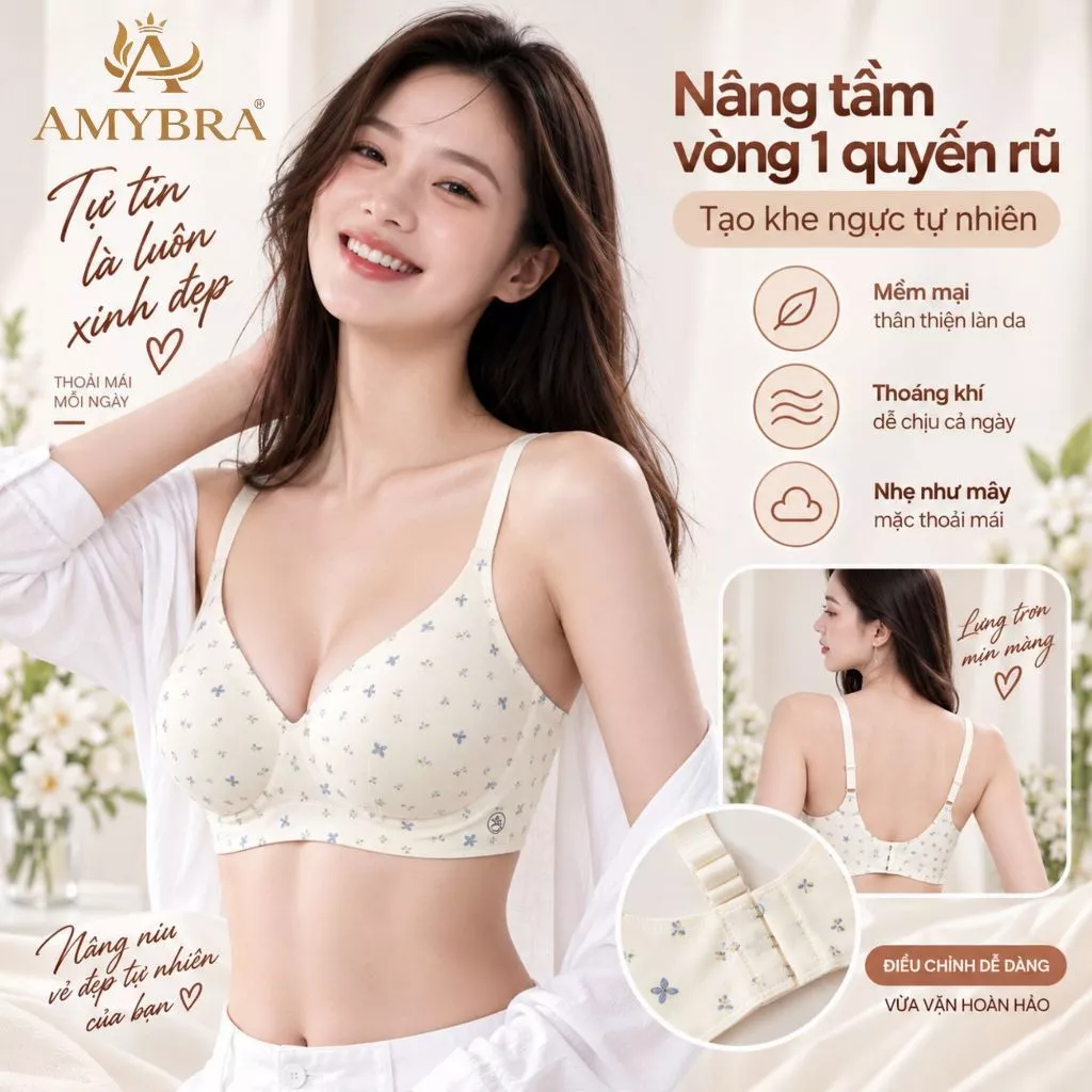Áo Ngực Không Gọng Nâng Đỡ Nhẹ Nhàng Thoáng Khí, áo Lót Nữ Đúc Su Cao Cấp hoạ Tiết Đáng Yêu AMYBRA AM63