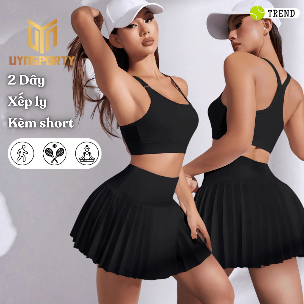 Đồ Tập Pickleball Nữ UYNSPORTY Áo Croptop 2 Dây Đan Chéo, Chân Váy Quần Xếp Ly, Bộ Pickleball Nữ