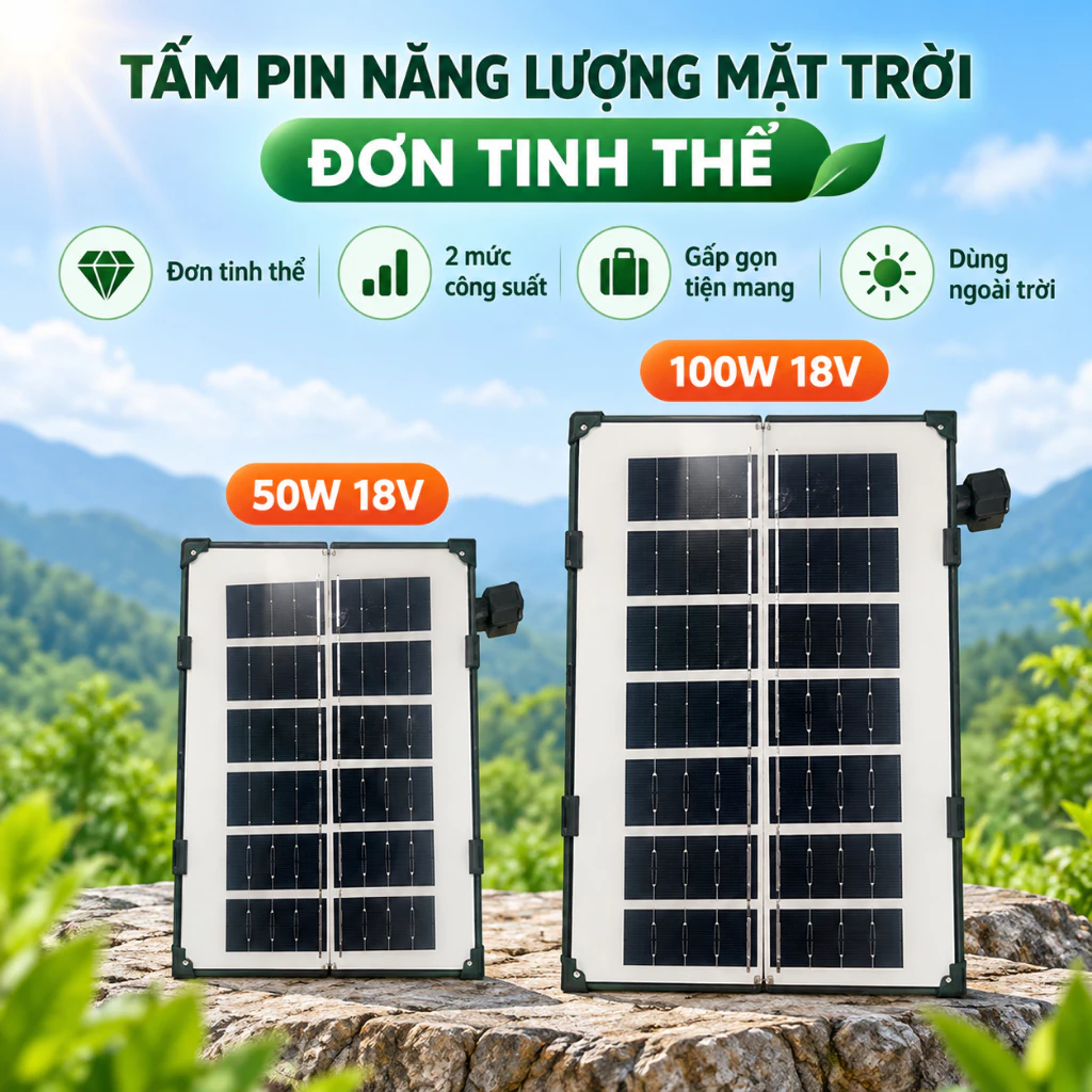 Tấm Pin Năng Lượng Mặt Trời Mono Đơn Tinh Thể 50W 100W 18V Gấp Gọn Cắm Trại Ngoài Trời