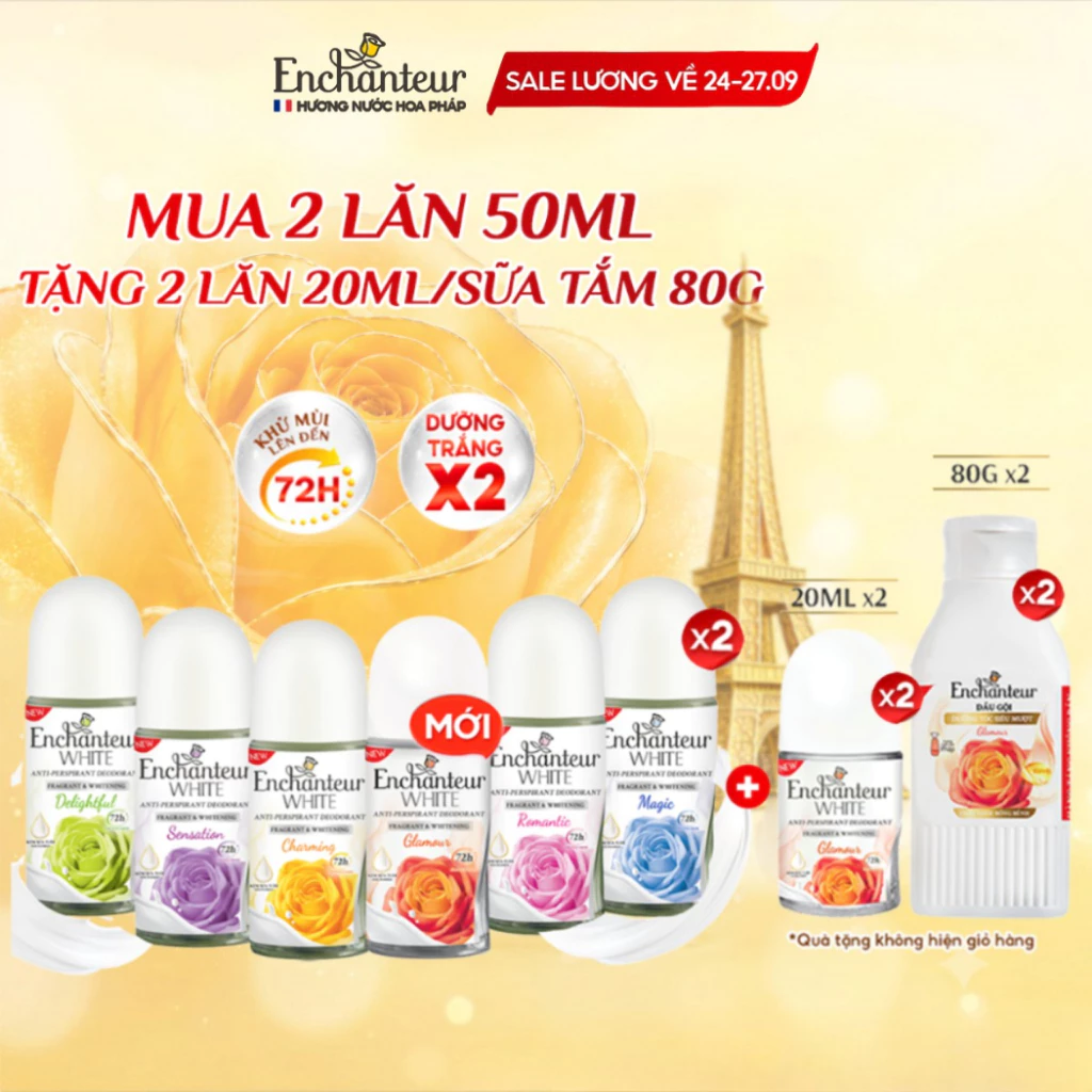 [SIÊU TIẾT KIỆM][TẶNG 20ml]COMBO 2 Lăn khử mùi tới 72H Enchanteur dưỡng sáng da X2 từ Niacinamide & Kem sữa tươi 50ml x2