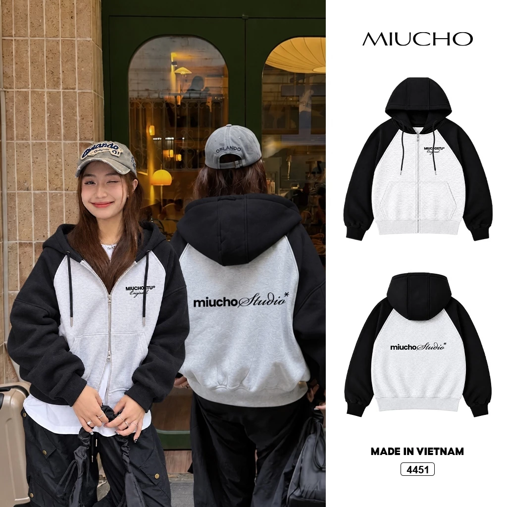 Áo hoodie zip form rộng Miucho BST in chữ basic nỉ 2 da cao cấp dày dặn thoáng mát Hàn Quốc