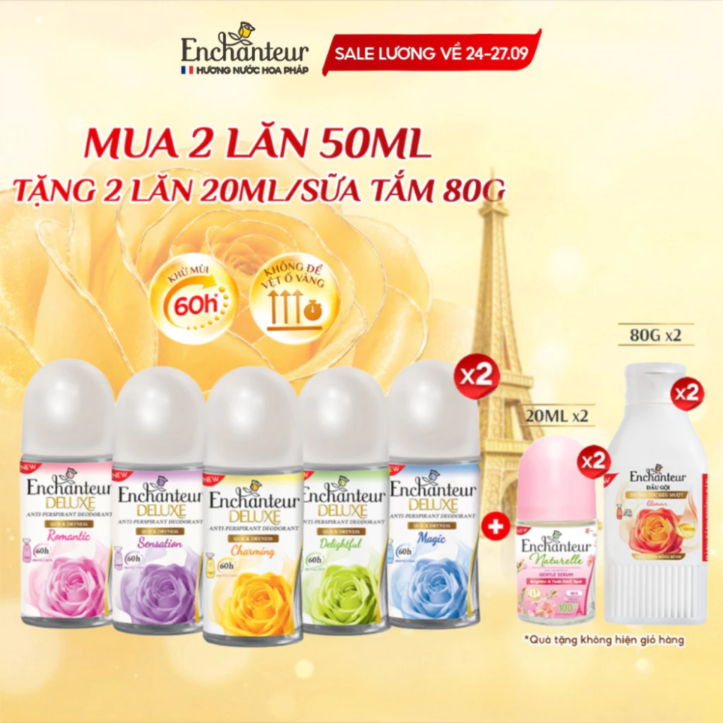 [SIÊU TIẾT KIỆM] Combo 2 Lăn khử mùi Enchanteur hương nước hoa Pháp tinh tế, không để lại vệt ố vàng 50ml