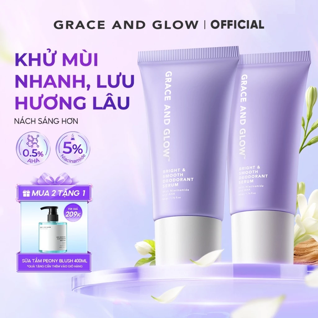 [Tặng Quà] Combo 2 lăn khử mùi Grace and Glow Smooth Deodorant Serum Lăn Nách Sáng Da Ngăn Mồ Hôi với Niacinamide AHA