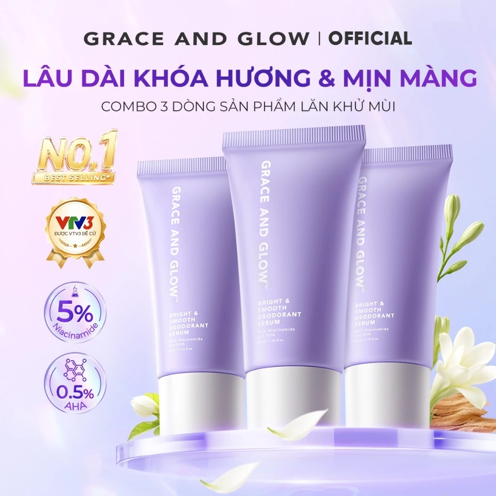 Combo 3 lăn khử mùi Grace and Glow Smooth Deodorant Serum với Niacinamide và AHA Lăn Nách Sáng Da Ngăn Mồ Hôi