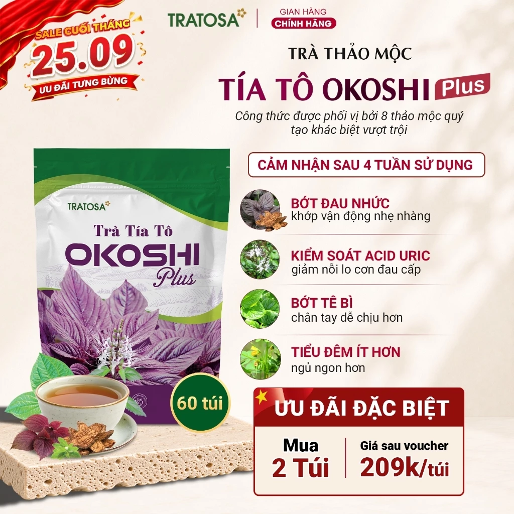 Trà tía tô okoshi TRATOSA 8 vị thảo mộc giúp hỗ trợ cải thiện đau nhức khớp, gút , acid uric cao