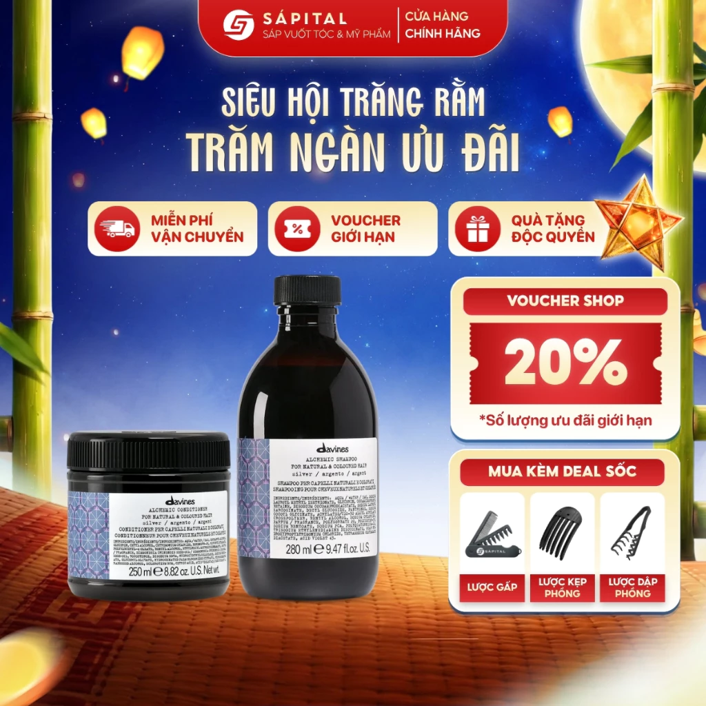 Dầu gội xả tím Davines ALCHEMIC Shampoo Silver - Gội tím khử vàng cho tóc tẩy sáng, Hỗ trợ dưỡng tóc