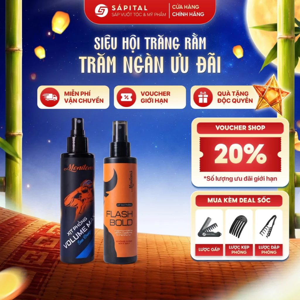 Xịt tạo phồng tóc Menitems Volume Max - Flash Bold | Hỗ trợ tạo kiểu, Bảo vệ nhiệt, Tạo form tóc