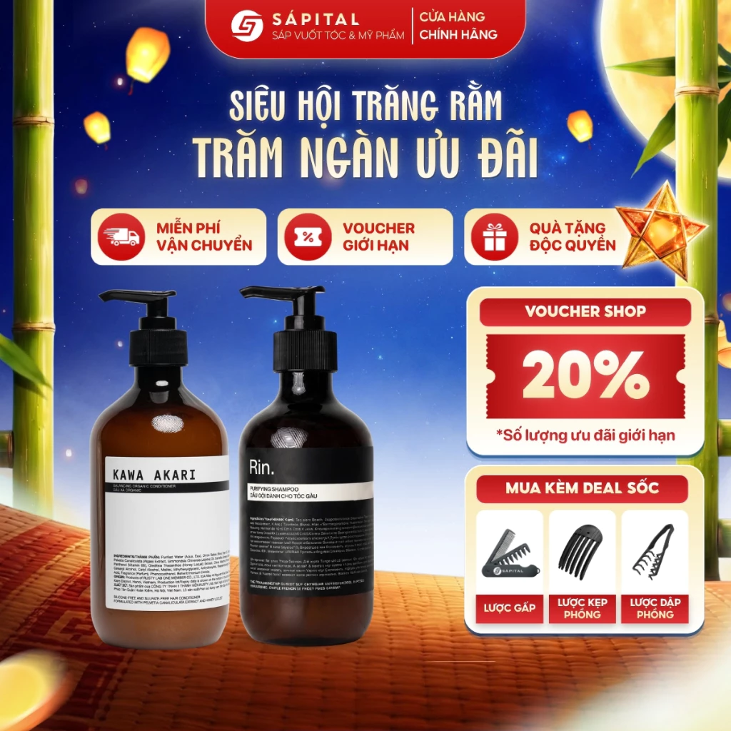 COMBO Gội Xả Rusty Lab RIN, KAWA AKARI - Dầu gội xả giảm gàu nuôi dưỡng tóc, Không chứa sunfate