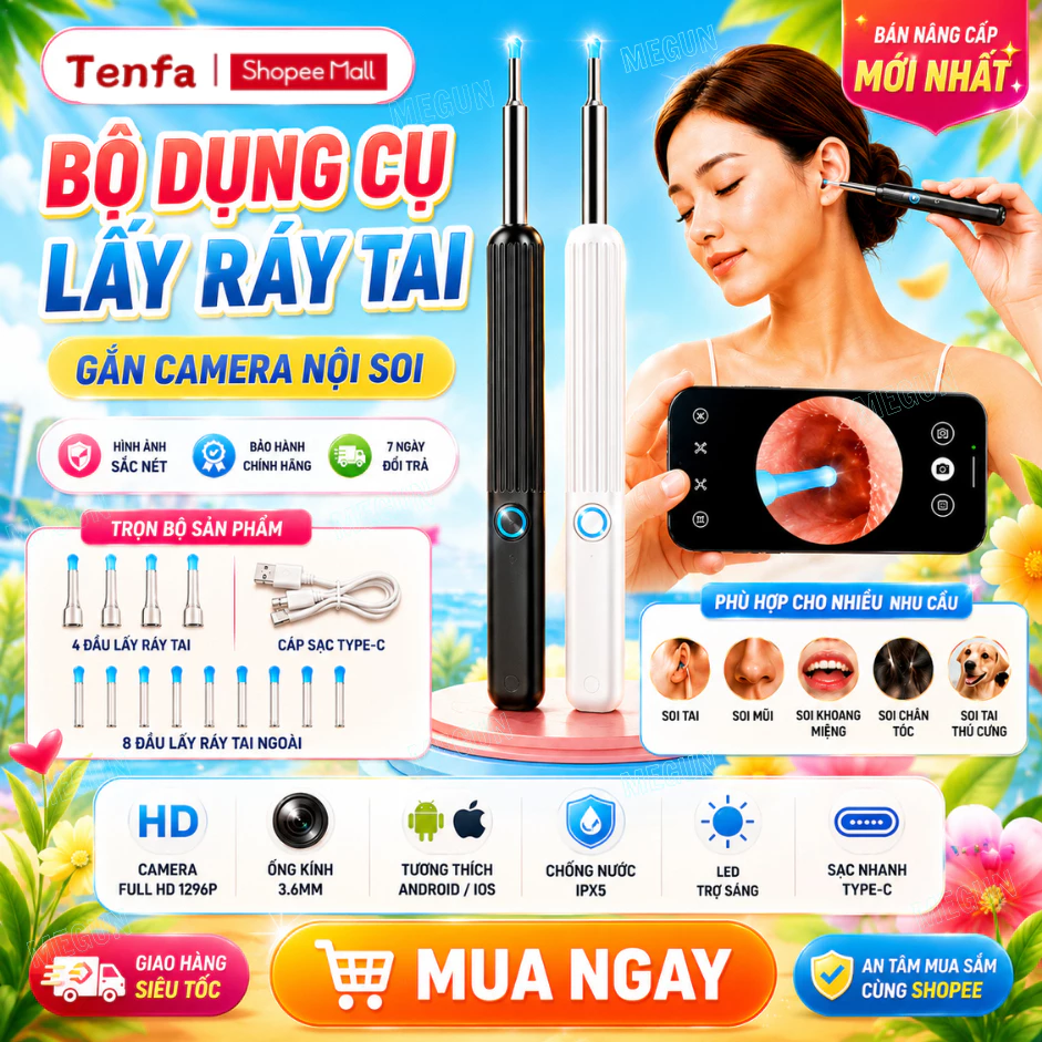 Dụng Cụ Lấy Ráy Tai  Có Gắn Camera Nội Soi Full HD Đa Năng Hình Ảnh Sắc Nét Pin Sạc Nhanh