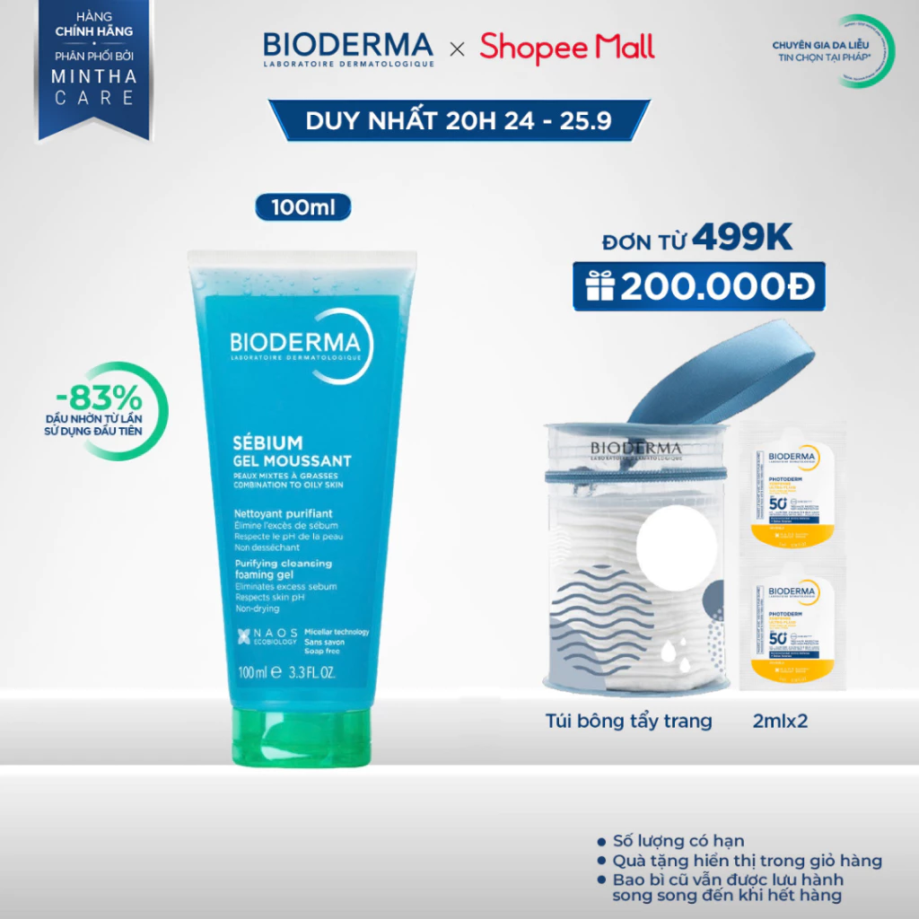 Gel rửa mặt tạo bọt, không chứa xà phòng Bioderma Sebium Gel Moussant - 100ml