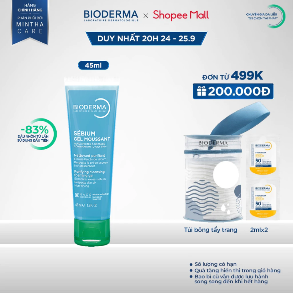 Gel rửa mặt tạo bọt, không chứa xà phòng Bioderma Sebium Gel Moussant - 45ml