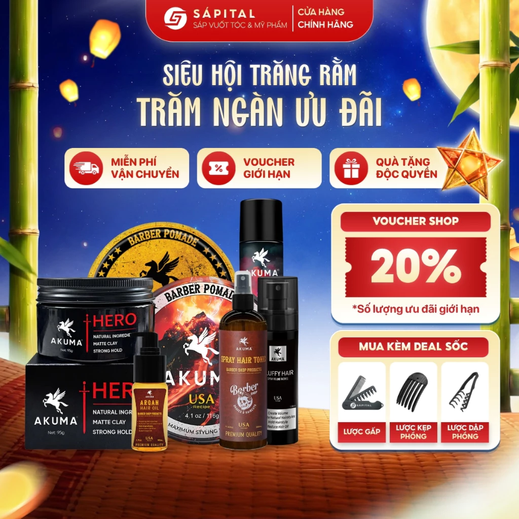FULL LINE AKUMA - Sáp Infinity Clay, Sáp Gôm Hero, Xịt bồng bềnh Fluffy, Dưỡng argan, Máy sấy X7