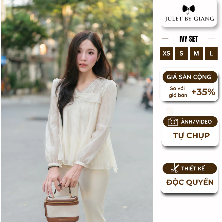 [BST THU] Set Tiểu Thư Nhẹ Nhàng Áo Dập Ly Tơ Ivy & Quần Dài Trắng Kem JULETBYGIANG Set Thanh Lịch Ivy đi làm và đi chơi