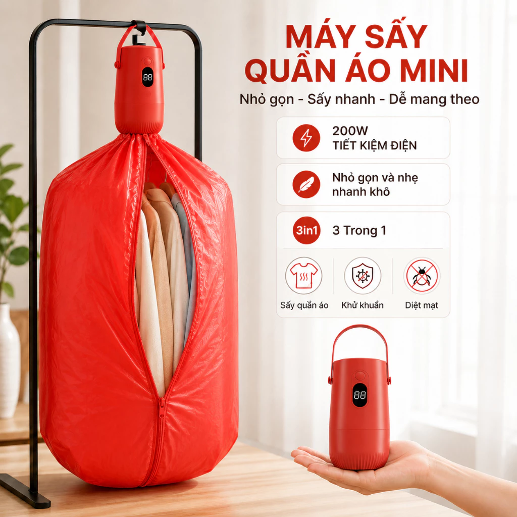 Máy Sấy Quần Áo Mini Di Động Khử Khuẩn, Máy Sấy Khô Thông Minh 3 Trong 1 Sấy Nhanh Tiện Lợi Cho Gia Đình