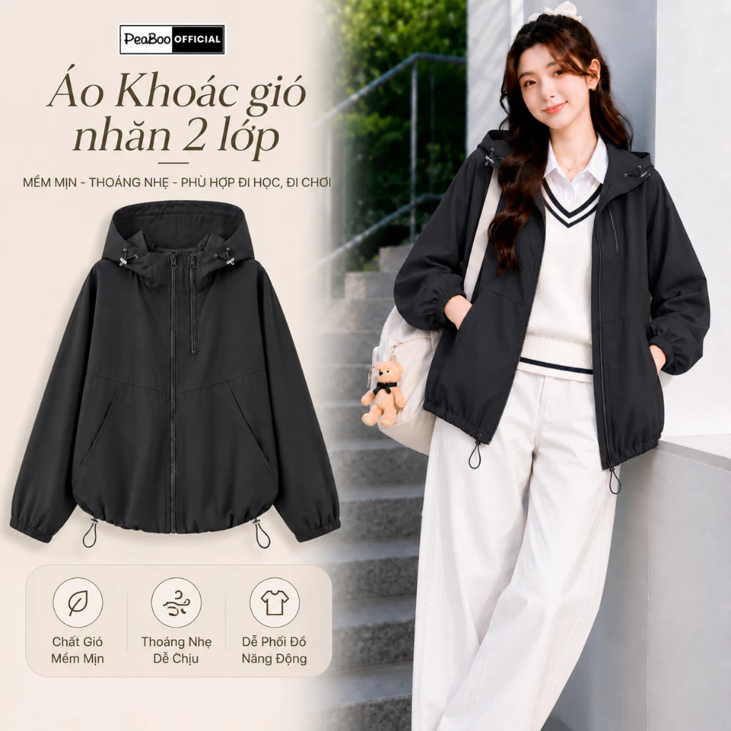 Áo Khoác Gió Nhăn, Áo Gió Nam Nữ By Peaboo BST Best Chống Nắng Thoáng Mát Có Mũ Form Rộng