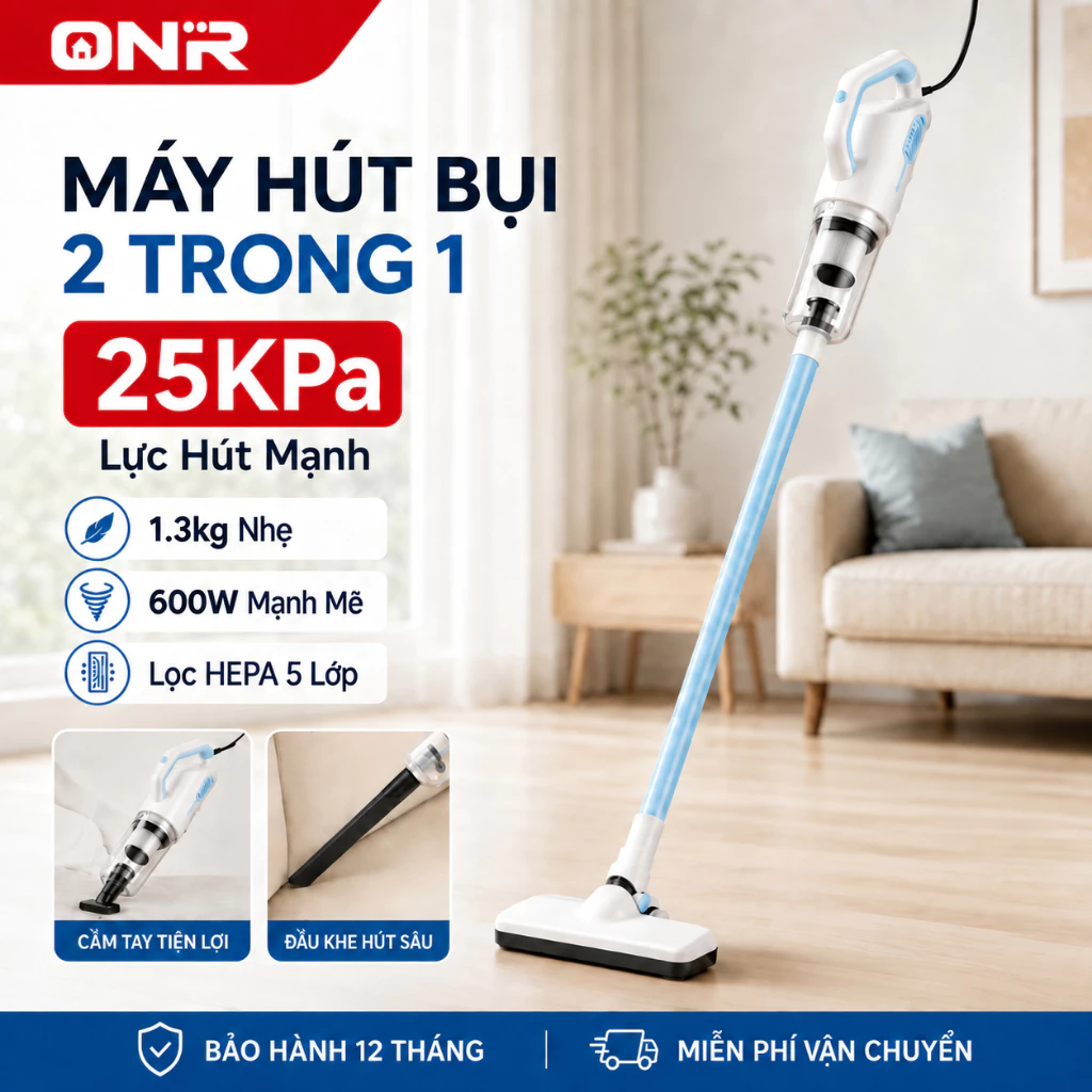 Máy Hút Bụi Cầm Tay Có Dây 25000Pa, 600W, 1L, 4 Đầu Hút, Hút & Lau, Dây 5M, Nhẹ 2Kg