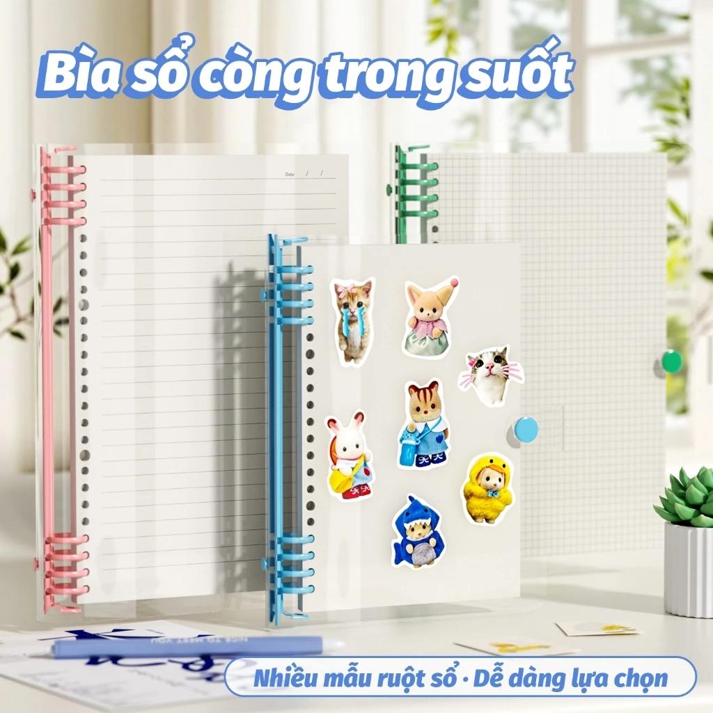 Sổ Còng Sắt Tặng Nhãn Dán Conquette Pasel A5/B5 120 trang Nhựa Mềm PVC An Toàn, Kẻ Ngang/Caro