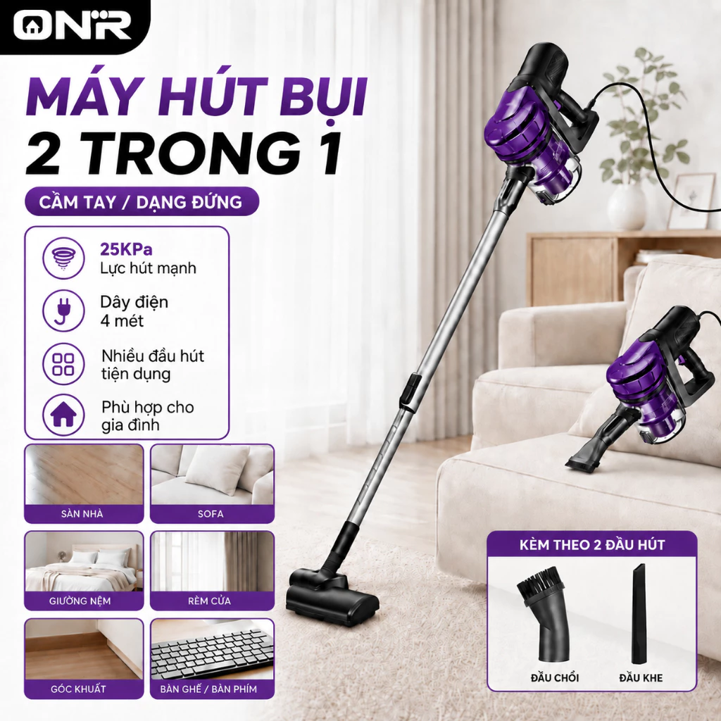 Máy Hút Bụi Cầm Tay Đa Năng 25000PA, Ống Nhôm, 3 Đầu Hút, Bình 1.5L, Dây 5M, Lọc 2 Lớp, Giặt Được