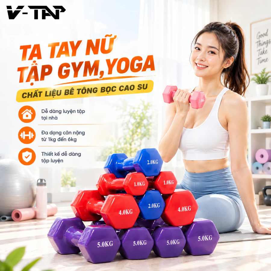 Tạ Tập Gym Tại Nhà Chất Liệu Gang Bọc Cao Su Bền Bỉ, Tạ Tay Thiết Kế Chống Trơn Trượt Từ 1-6kg