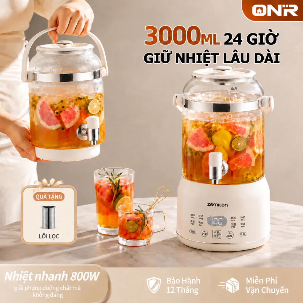 Ấm Đun Siêu Tốc Đa Năng 3L, 800W Làm Nóng Nhanh, Bình Giữ Nhiệt Thủy Tinh Dung Tích Lớn Có Vòi Rót