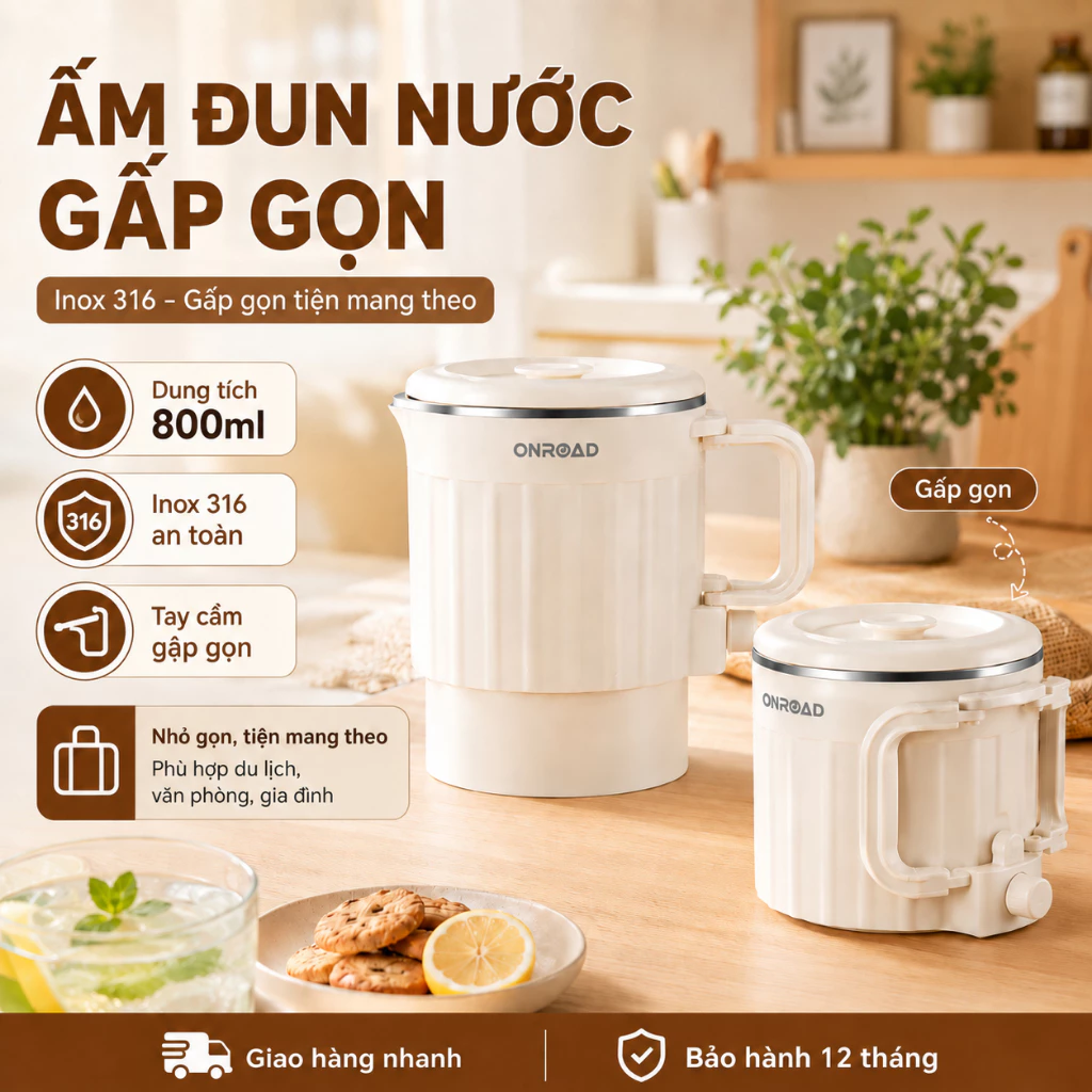 Ấm Đun Nước Điện 800ML 600W, Nồi Mì, Chống Bỏng, Tự Ngắt, Inox 316, 2 Nhiệt, Giữ Ấm, Xách Tay