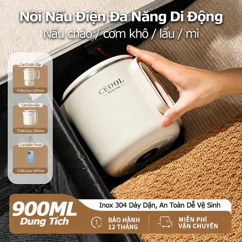 Nồi Lẩu Điện Mini 900ML Đa Năng, Ấm Đun Nước Inox Gấp Gọn Du Lịch, Di Động, Nấu Mì, Cháo, Lẩu