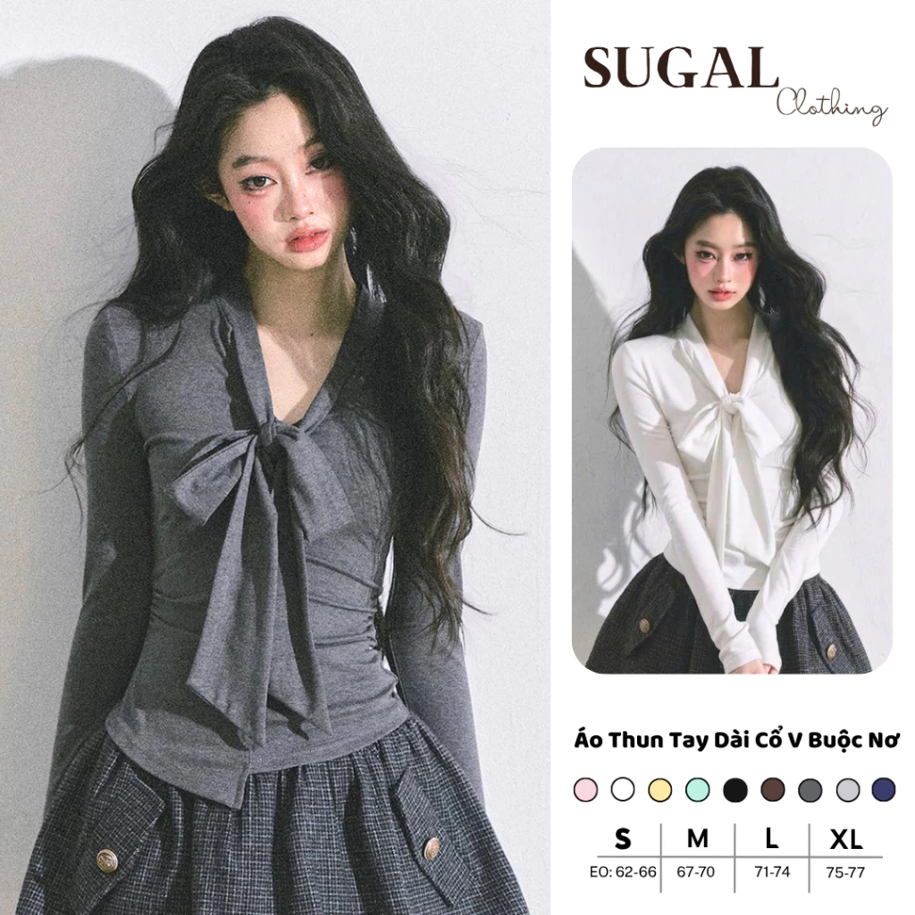 [DEAL MỞ BÁN] SUGAL - Áo Thun Dài Tay Kiểu Nữ Cổ V Thắt Nơ Trước Ngực Ôm Body - Áo Thun Nữ Tôn Dáng Kiểu Hàn | TOP 344