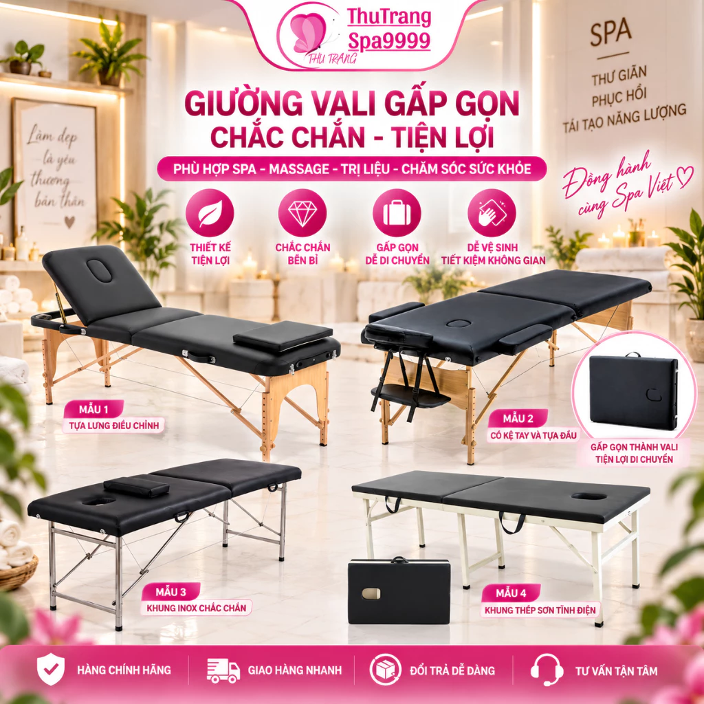 Giường Vali Gấp Gọn Giường Spa Phun Xăm | Chăm Sóc Da Nối Mi MasaChân Inox Chân Gỗ  [Tặng Thư Cảm Ơn K Pải Tặng Giường]
