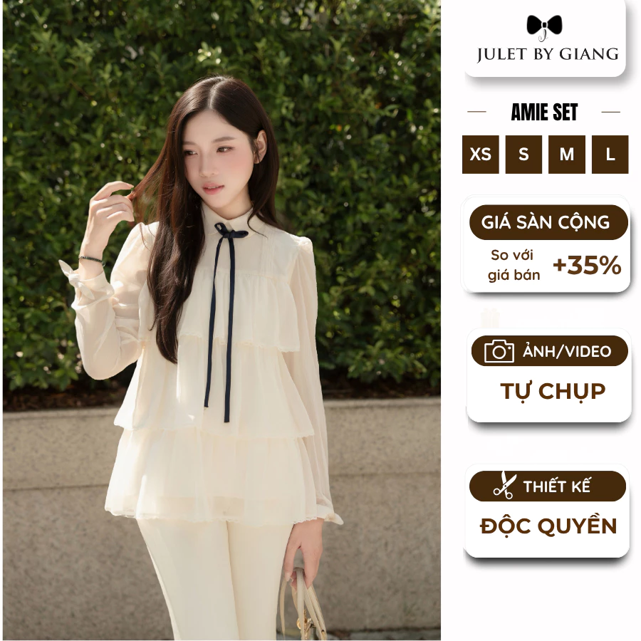 [BST THU] Set Tiểu Thư Nhẹ Nhàng Áo Bèo 3 Tầng Tơ Amie & Quần Dài Trắng Kem JULETBYGIANG Set Thanh Lịch đi làm và đi chơ
