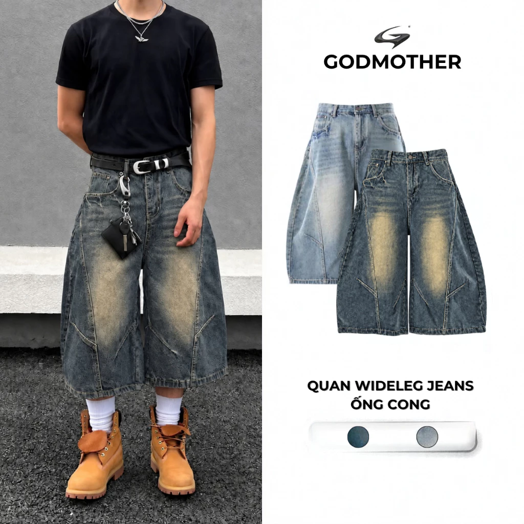 Quần Wideleg Jeans Ống Cong GODMOTHER Dáng Lửng Phong Cách Thể Thao Đường Phố Hiện Đại
