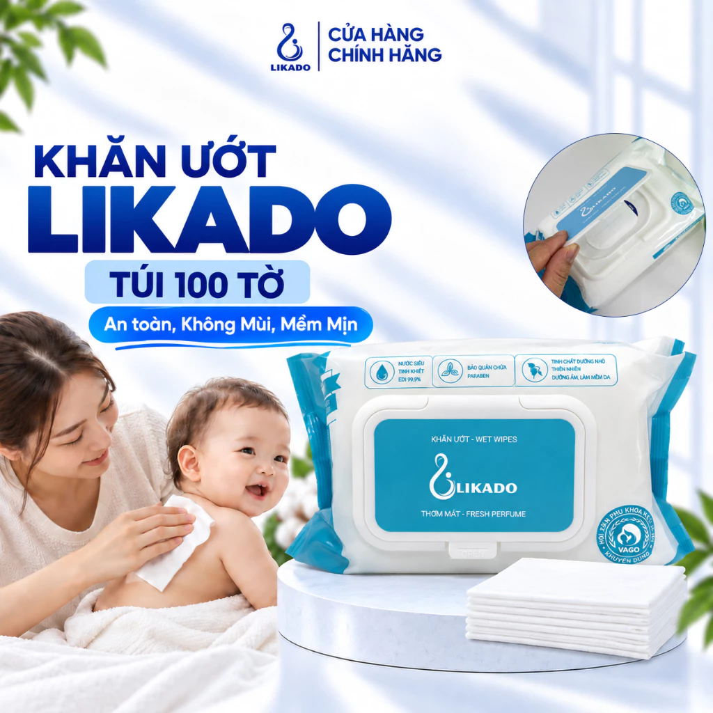 Khăn ướt không mùi cho bé Likado hộp 100 miếng(15x20cm)