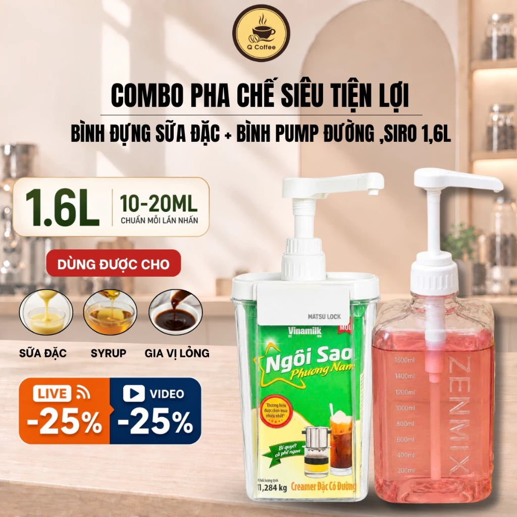 [COMBO PHA CHẾ] Bình Đựng Sữa Đặc 1.6L + Bình Pump Đường, Siro 1.6L Có Vòi Pump 10ml Tiện Lợi Trong Pha Chế