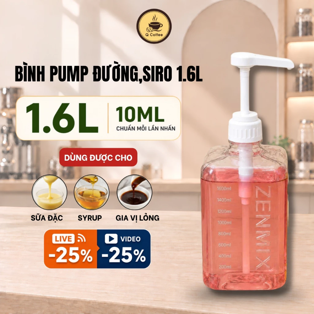 Bình Đựng Siro Có Vòi, Bình Bơm Đường 1.6L, Bình Pump Đường Chuyên Dụng Pha Chế Định Lượng 10Ml