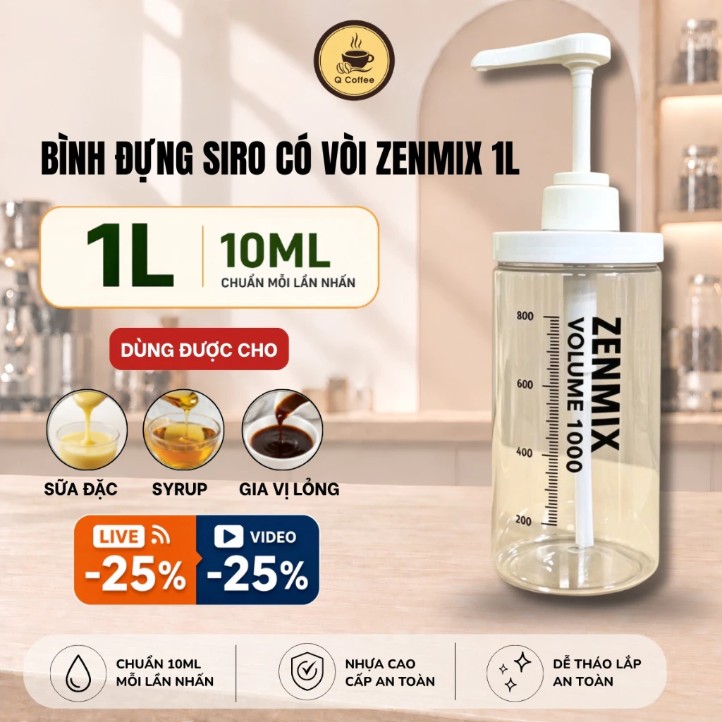 Bình ZENMIX Đựng Đường 1L, Siro Dạng Lỏng, Bình Pumb Đường Kèm Vòi Sử Dụng Trong Pha Chế