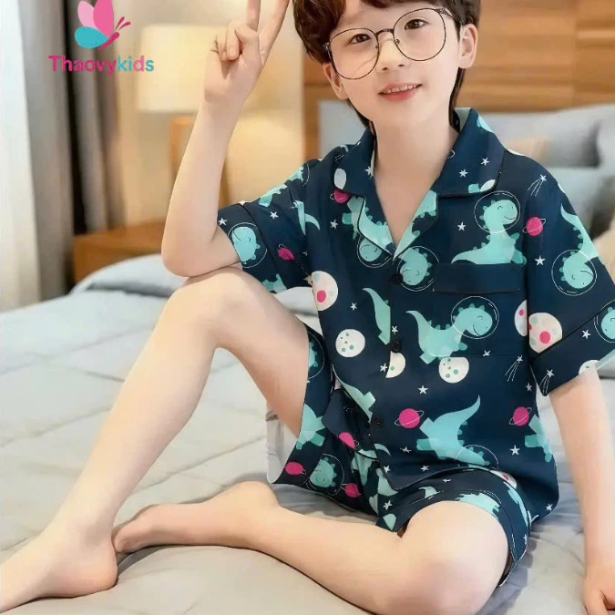 Bộ pijama bé trai lụa Mango họa tiết thú dễ thương 10-65 kg | Đồ ngủ bé trai cao cấp, mềm mát, mặc ở nhà- THAOVY KIDS