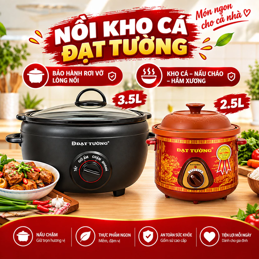 Nồi Kho Cá ĐẠT TƯỜNG, Nồi Nấu Chậm Lòng Gốm Sứ Siêu Nhừ Công Suất 300W Tích Hợp Rơle Chống Cháy