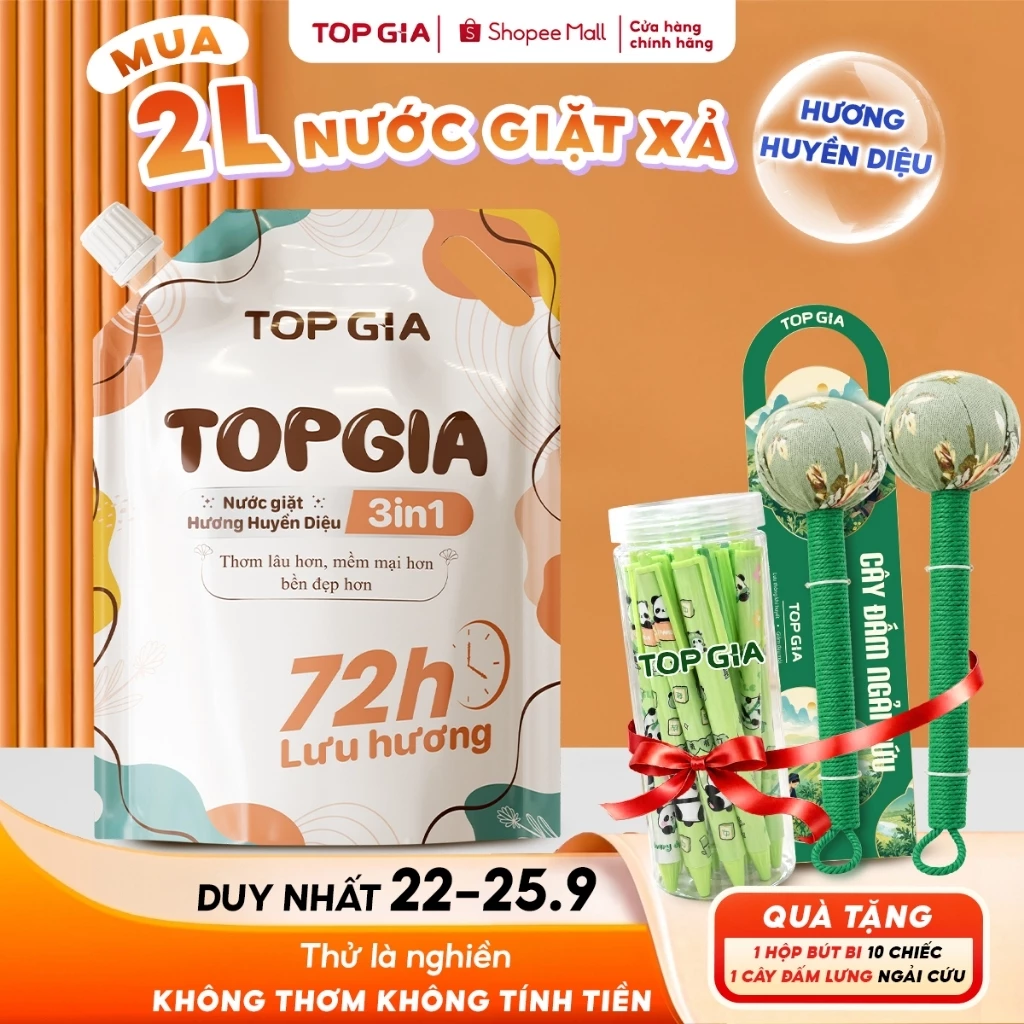 [TẶNG CÂY ĐẤM LƯNG & BỘ BÚT BI] Combo Nước Giặt Xả TopGia Hương Huyền Diệu & Hoa Nắng 3in1 Túi 2L,1L