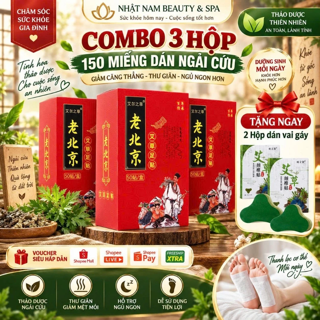[Combo Mua 3 Tặng 2] Combo 3 Hộp Dán Chân Ngải Cứu Lão Bắc Kinh Giúp Ngủ Ngon, Cải Thiện Giấc Ngủ, Thải Độc Cơ Thể