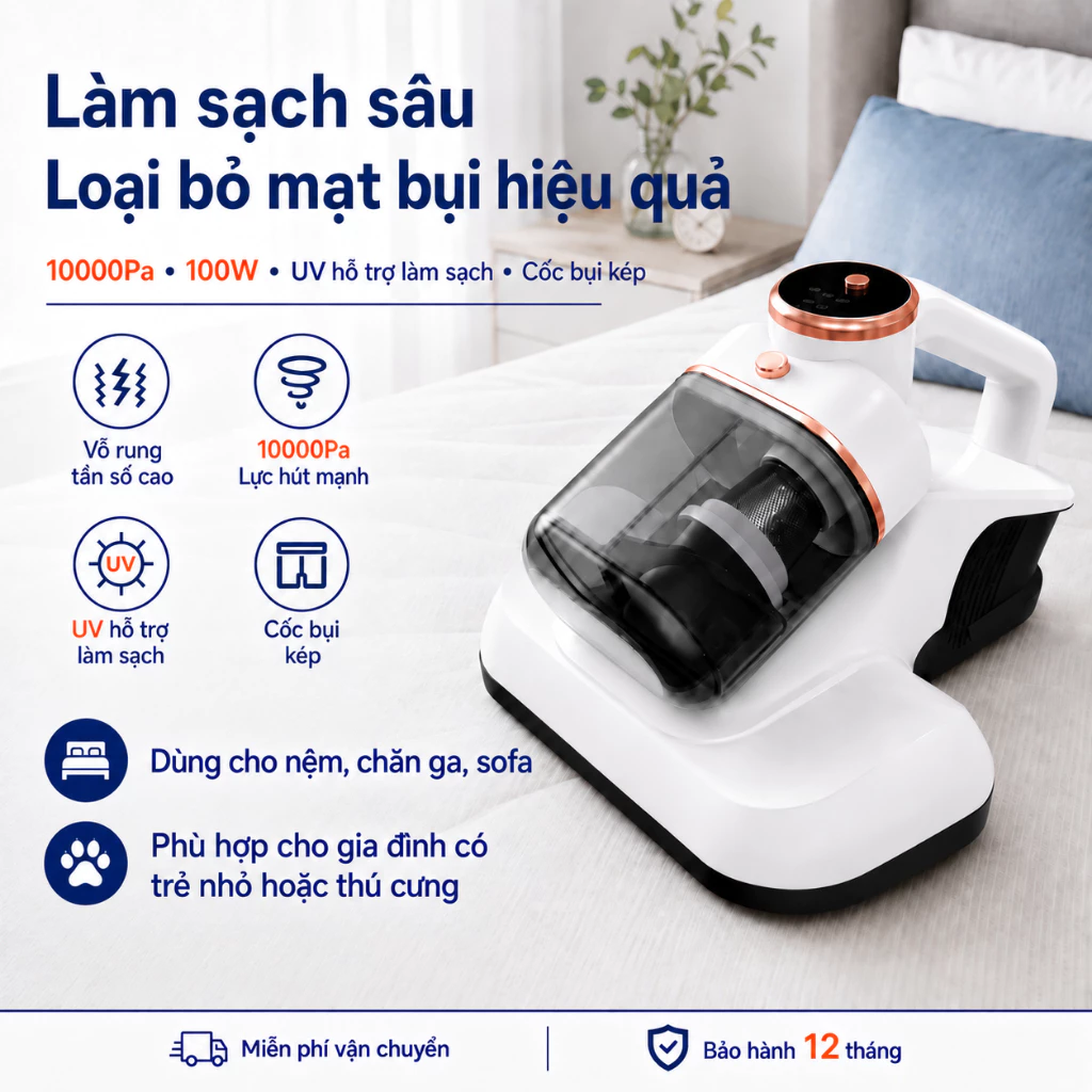 Máy Hút Bụi Giường Nệm Sofa 10000Pa, Công Suất 100W, Rung Tần Số Cao, Đèn UV, Cốc Bụi Kép