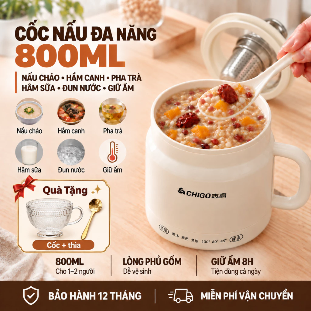 Cốc Nấu Đa Năng 800ML, Lòng Phủ Gốm Chống Dính, Nấu Cháo, Hầm Canh, Pha Trà, Giữ Ấm 8 Giờ