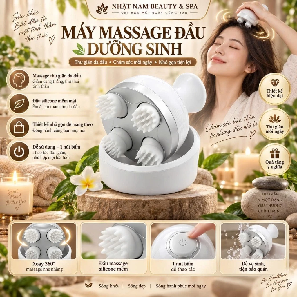 Máy massage đầu dưỡng sinh - Máy massage cầm tay 3 chế độ  4 đầu xoay silicon xoay 360 độ giúp giảm căng thẳng, mệt mỏi