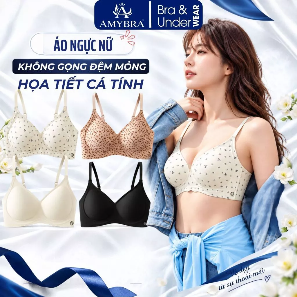 Áo Bra Mỏng Áo Lót Nữ AMYBRA AM63 Chất SU Mềm Mịn Họa Tiết Hoa Nhí Mút Đệm Mỏng 0.5 Cm Ôm Nhẹ V1