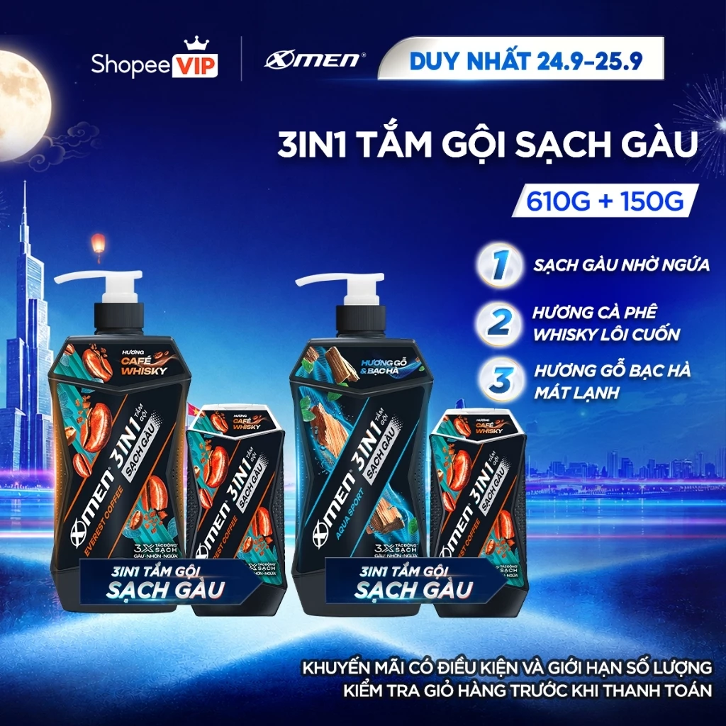 [SVIP] Combo Tắm Gội Sạch Gàu 3in1 Xmen Everest Coffee/ Aqua Sport 610g và Tắm Gội Coffee 150g